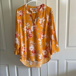 Yellow Popover Blouse Floral Design Hi-Low Hem